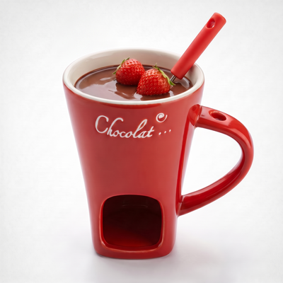 CocoMelt czerwony ceramiczny kubek fondue z roztopioną czekoladą i truskawkami